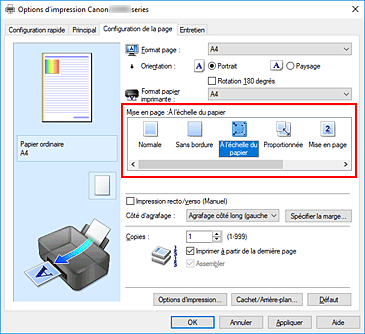 figure : Sélectionnez À l'échelle du papier comme Mise en page dans l'onglet Configuration de la page.