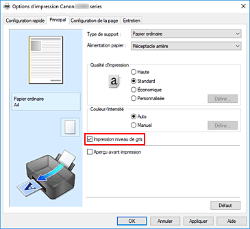 figure : Case à cocher Impression niveau de gris dans l'onglet Principal