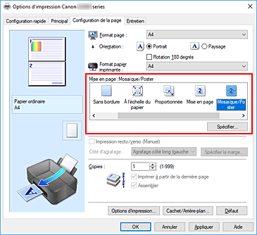 figure : Sélectionnez Mosaïque/Poster comme Mise en page dans l'onglet Configuration de la page.