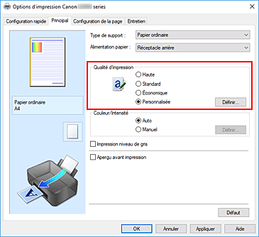 figure : Dans l'onglet Principal, sélectionnez Personnalisée pour Qualité d'impression