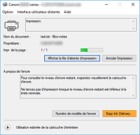 figure : Écran d'état d'imprimante Canon IJ