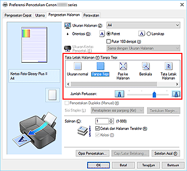 gambar: Pilih Tanpa Tepi untuk Tata Letak Halaman pada tab Pengesetan Halaman