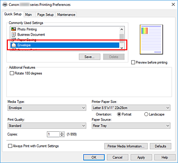 slika: v možnosti Commonly Used Settings na kartici Quick Setup izberite Envelope