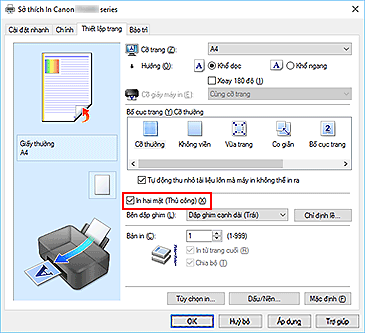 hình: Hộp kiểm In hai mặt (Thủ công) trên tab Thiết lập trang