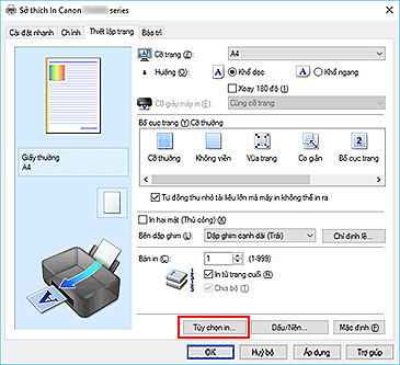 hình: Tùy chọn in... trên tab Thiết lập trang