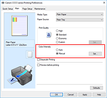 kuva:Valitse Päävalikko-välilehdessä Väri/Voimakkuus-asetukseksi Manuaalinen