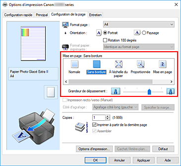 figure : Sélectionnez Sans bordure comme Mise en page dans l'onglet Configuration de la page.