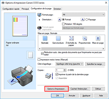 figure : Options d'impression... dans l'onglet Configuration de la page