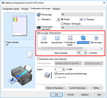 figure : Sélectionnez Proportionnée comme Mise en page dans l'onglet Configuration de la page.