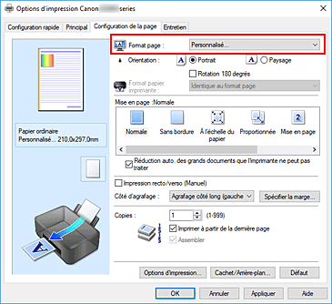 figure : Sélectionnez Personnalisé pour Format page dans l'onglet Configuration de la page.