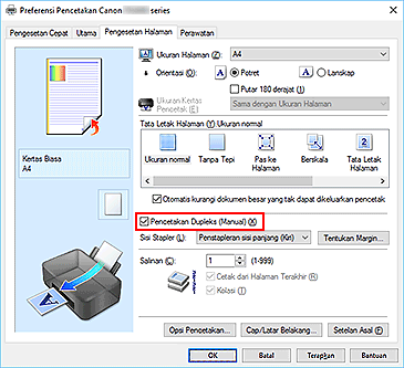 gambar: Kotak centang Pencetakan Dupleks (Manual) pada tab Pengesetan Halaman