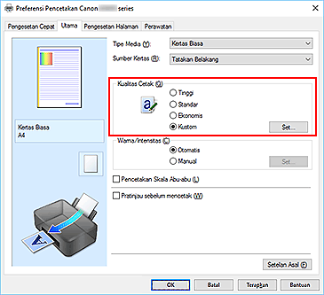 gambar: Pilih pada tab Utama, pilih Kustom untuk Kualitas Cetak