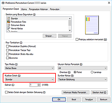 gambar: Kualitas Cetak pada tab Pengesetan Cepat