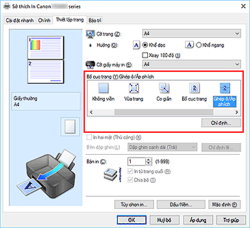 hình: Chọn Ghép ô/Áp phích cho Bố cục trang trên tab Thiết lập trang