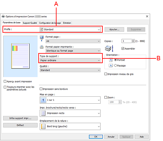 figure&nbsp;: Profils sur l'onglet Paramètres de base