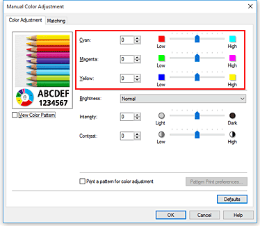 figura:Proporção de cores na caixa de diálogo Ajuste de Cores Manual