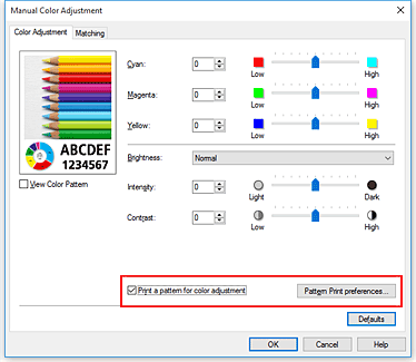 figura:Selecione Imprimir um padrão para o ajuste de cores na guia Ajuste de Cores