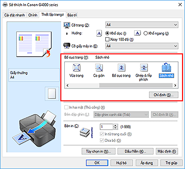 hình: Chọn Sách nhỏ cho Bố cục trang trên tab Thiết lập trang