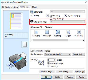 hình: Cỡ giấy máy in trên tab Thiết lập trang