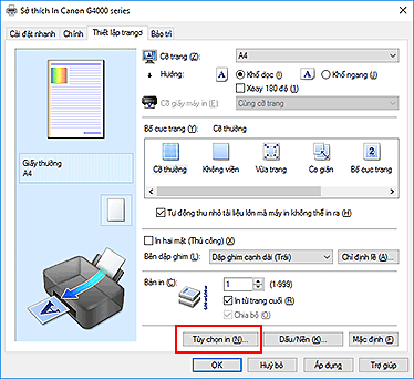 hình: Tùy chọn in... trên tab Thiết lập trang