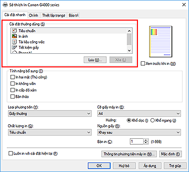hình: Cài đặt thường dùng trên tab Cài đặt nhanh