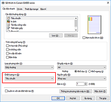hình: Chất lượng in trên tab Cài đặt nhanh