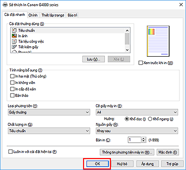hình: OK trên tab Cài đặt nhanh