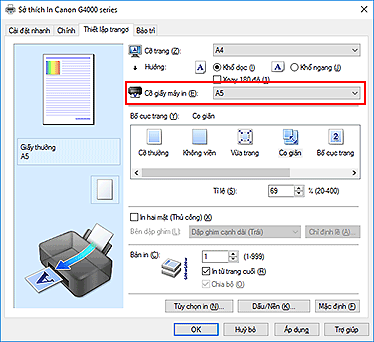 hình: Cỡ giấy máy in trên tab Thiết lập trang