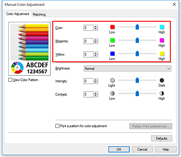 figure:Color balance in the Manual Color Adjustment dialog box