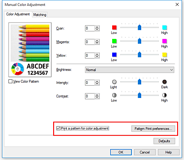 figure:Select Print a pattern for color adjustment on the Color Adjustment tab