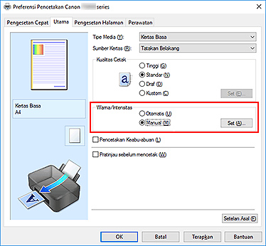 gambar: Pilih Manual untuk Warna/Intensitas pada tab Utama