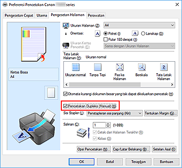 gambar: Kotak centang Pencetakan Dupleks (Manual) pada tab Pengesetan Halaman