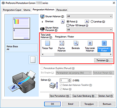 gambar: Pilih Pengubinan/Poster untuk Tata Letak Halaman pada tab Pengesetan Halaman