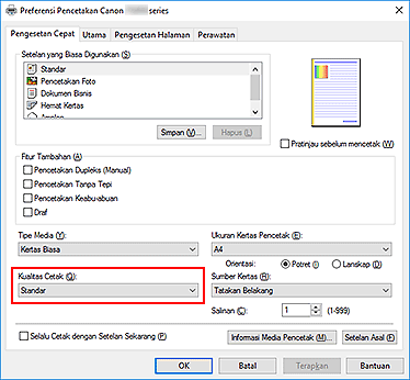 gambar: Kualitas Cetak pada tab Pengesetan Cepat
