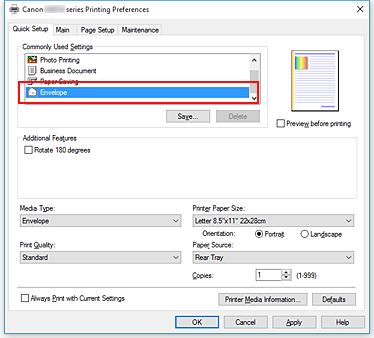 figura:Selectaţi Envelope de la Commonly Used Settings din fila Quick Setup