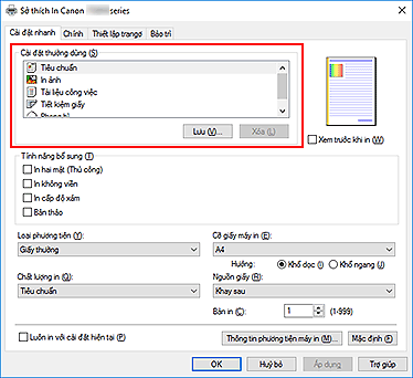 hình: Cài đặt thường dùng trên tab Cài đặt nhanh