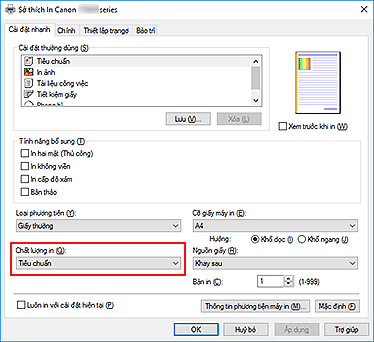 hình: Chất lượng in trên tab Cài đặt nhanh