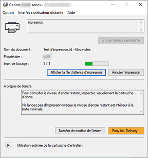 figure&nbsp;: Écran d'état d'imprimante Canon IJ