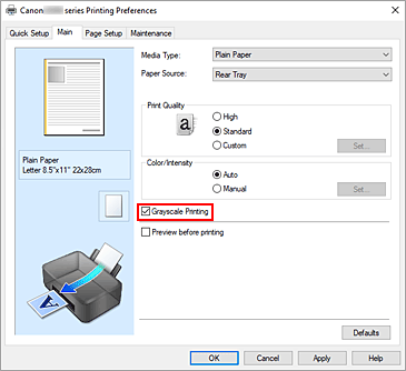 фигура: Квадратче за отметка &bdquo;Grayscale Printing&rdquo; в раздела &bdquo;Main&rdquo;