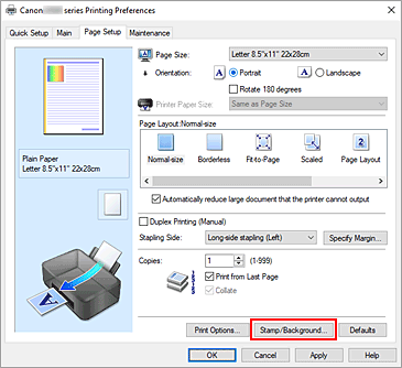 фигура: &bdquo;Stamp/Background...&rdquo; в раздела &bdquo;Page Setup&rdquo;