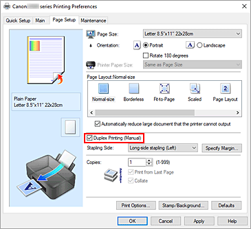 figure:Duplex Printing (Manual) check box on the Page Setup tab