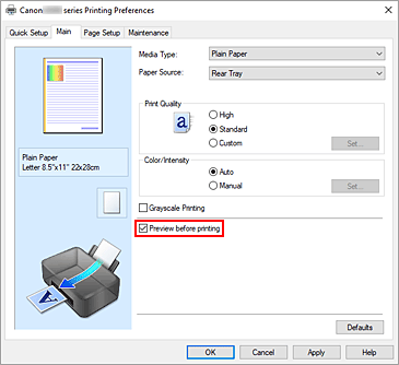 figure:Preview before printing check box on the Main tab