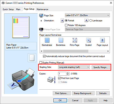 figure:Stapling Side on the Page Setup tab