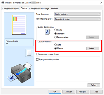 figure&nbsp;: Sélectionnez Manuel pour Couleur/Intensité dans l'onglet Principal.
