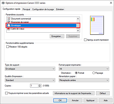 figure&nbsp;: Sélectionnez Enveloppe dans Paramètres courants dans l'onglet Configuration rapide.