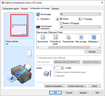 figure&nbsp;: Affichage de l'aperçu des paramètres dans l'onglet Configuration de la page