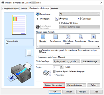 figure&nbsp;: Options d'impression... dans l'onglet Configuration de la page