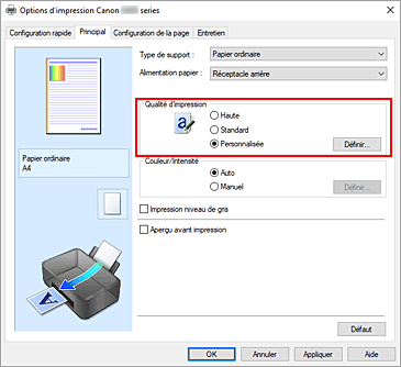 figure&nbsp;: Dans l'onglet Principal, sélectionnez Personnalisée pour Qualité d'impression