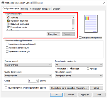figure&nbsp;: Paramètres courants dans l'onglet Configuration rapide