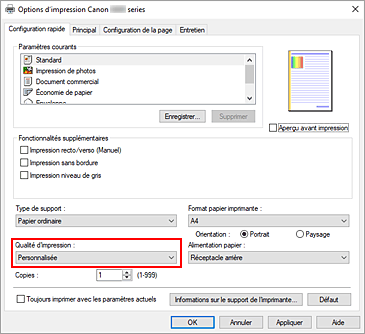 figure&nbsp;: Qualité d'impression dans l'onglet Configuration rapide